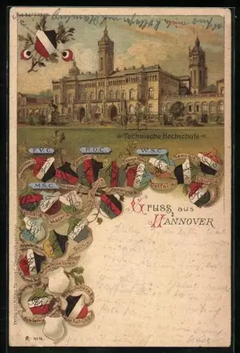 Lithographie Hannover, Technische Hochschule mit Anlage, Studentenwappen