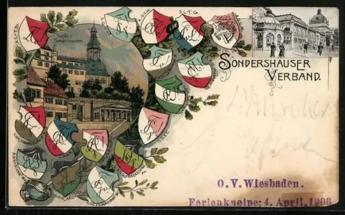 Lithographie Wiesbaden, Studentenwappen Sonderhäuser Verband, Schloss Sondershausen
