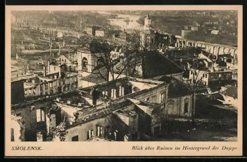 AK Smolensk, Blick über Ruinen im Hintergrund der Dnjepr