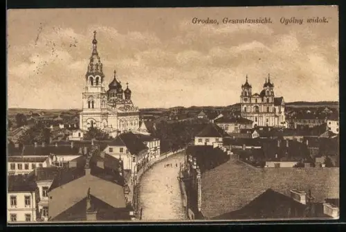 Künstler-AK Grodno, Gesamtansicht mit Strassenpartie