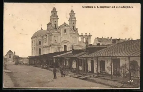 AK Pinsk, Kathedrale von der Marktseite mit Verkaufsständen