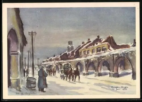 AK Staraja Russa, zerstörte Markthallen im Ort