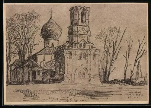 Künstler-AK Staraja Russa, Kampfraum der schleswig-holsteinischen Infanterie-Division, Georgien-Kirche