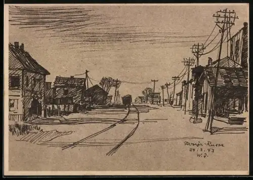 Künstler-AK Staraja Russa, Kampfraum der schleswig-holsteinischen Infanterie-Division, Bahnabzweigung zum Polist