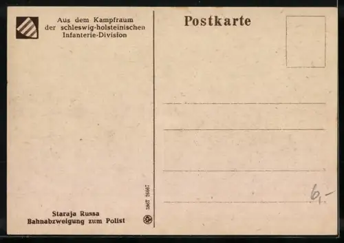 Künstler-AK Staraja Russa, Kampfraum der schleswig-holsteinischen Infanterie-Division, Bahnabzweigung zum Polist