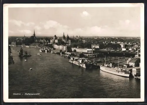 AK Stettin, Hafenansicht aus der Vogelschau