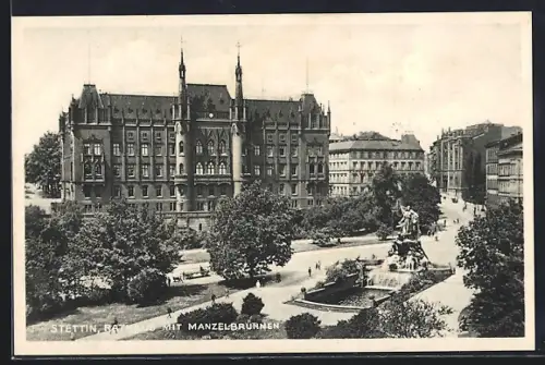 AK Stettin, Rathaus mit Manzelbrunnen