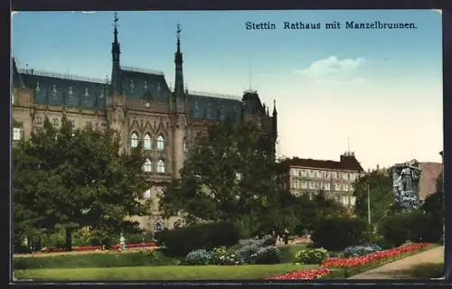 AK Stettin, Rathaus mit Manzelbrunnen