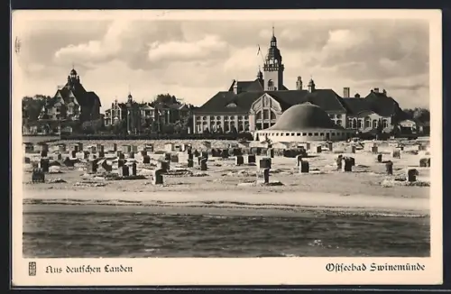 AK Swinemünde, Strandpartie und Konzertgarten vom Wasser aus gesehen