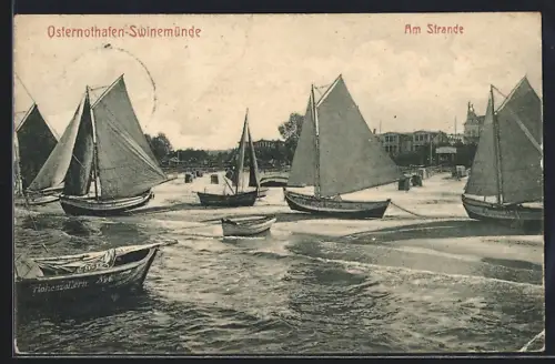 AK Osternothafen-Swinemünde, Segelschiffe am Strande