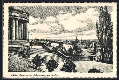 AK Stettin, Blick von der Hakenterrasse auf die Oder