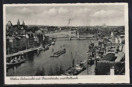 AK Stettin, Ortsansicht mit Baumbrücke und Bollwerk