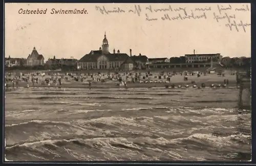 AK Swinemünde, Strandpanorama vom Wasser aus gesehen