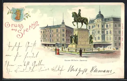 Lithographie Stettin, Kaiser Wilhelm-Denkmal, Wappen