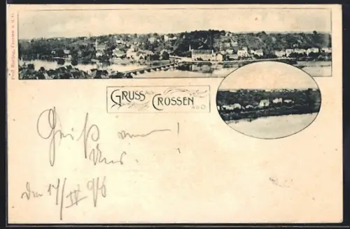 AK Crossen a. d. O., Ortsansicht mit Brücke aus der Vogelschau
