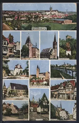 AK Quedlinburg, Schloss, Marktkirche, Rathaus, St. Blasii-Kirche, Partie am Schloss, Marktplatz