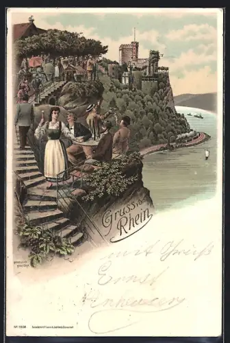 Lithographie Drachenfels, Burgansicht mit Ausflugslokal und Flusslandschaft