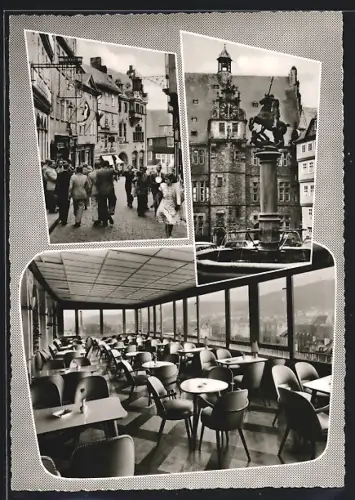 AK Marburg /Lahn, Rathaus, Marktbrunnen, Terrassen-Konzert-Café