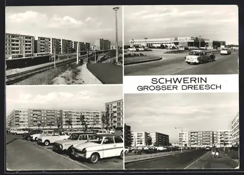 AK Schwerin / Mecklenburg, Neubaugebiet Grosser Dreesch, Einkaufszentrum, Strassenansicht