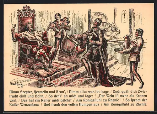 Künstler-AK Rhens a. Rh., Königstuhl, Kaiser Wenzeslaus, mittelalterliche Szene