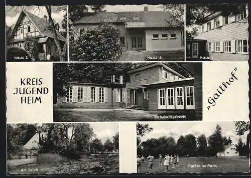 AK Gailhof /Burgdorf, Kreisjugendheim, Haus 1, Haus 2, Wirtschaftsgebäude, Am Teich, Partie im Park