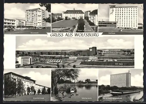 AK Wolfsburg, Porschehaus, VW-Werk, Rathaus, Robert-Koch-Platz, Krankenhaus, Schillerteich, VW-Verwaltungsgebäude