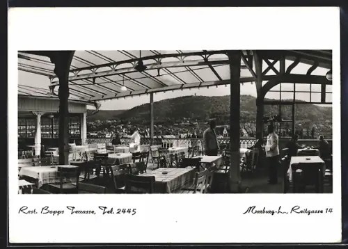 AK Marburg /L., Restaurant Bopps Terrasse, Reitgasse 14, Innenansicht, Ausblick