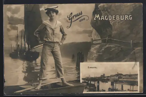 Grusskarten-AK Magdeburg, Elbseite, Matrosin in Uniform im Boote