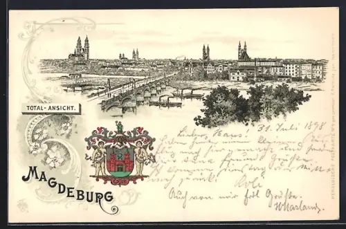 Lithographie Magdeburg, Totalansicht & Wappen