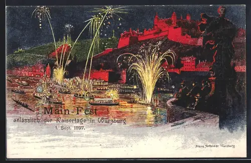 Lithographie Würzburg, Kaisertage 1. Sept. 1897, Feuerwerk und Bootscorso auf dem Main