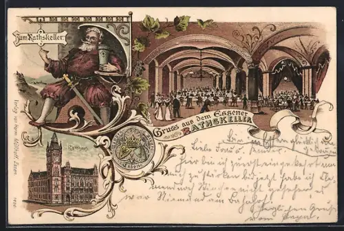 Lithographie Essen / Ruhr, Gasthaus Zum Rathskeller, Rathaus