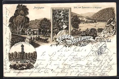 Lithographie Ilfeld /Ilfelder Thal, Gasthaus Netzkater, Wasserfall, Poppenbergs-Turm