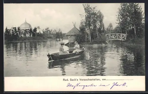 AK Magdeburg, Rud. Sacks Versuchsstation, Uferpartie mit Boot