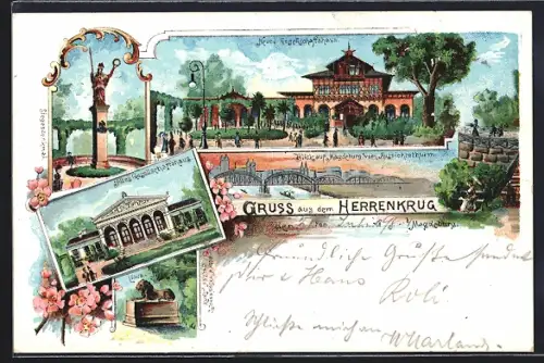 Lithographie Magdeburg, Herrenkrug, Neues Gesellschaftshaus, Siegesdenkmal, Altes Gesellschaftshaus, rosa Blüten