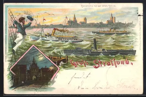 Lithographie Stralsund, Rütherthor, Panorama mit der alten Fähre, Dampfschiffe