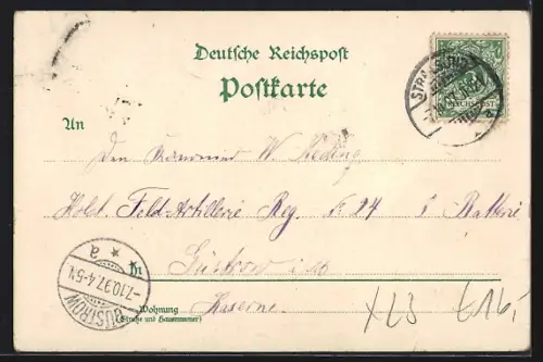 Lithographie Stralsund, Rütherthor, Panorama mit der alten Fähre, Dampfschiffe