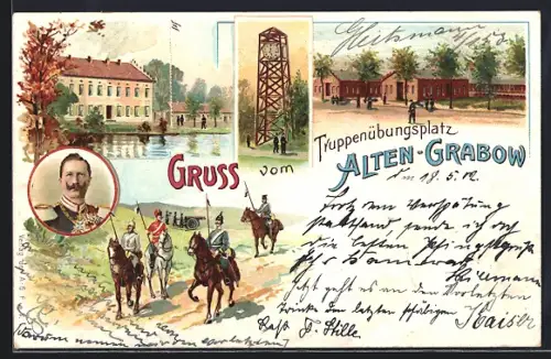 Lithographie Alten-Grabow, Truppenübungsplatz, Baracken, Portrait Kaiser Wilhelm