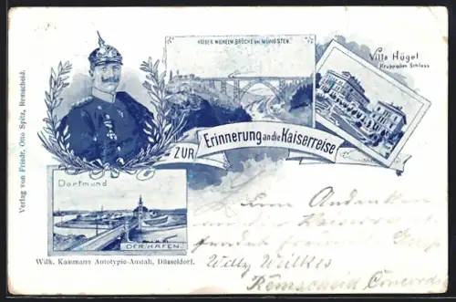 Lithographie Dortmund, Ortsansicht mit Hafenpartie, Kaiser-Wilhelm-brücke in Müngsten, Villa Hügel, Krupp`sches Schloss