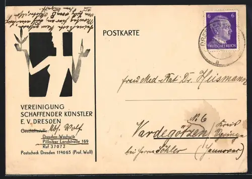 Künstler-AK Dresden-Wachwitz, Vereinigung schaffender Künstler e. V., Pillnitzer Landstrasse 169, Frau mit Blumen