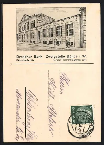 Künstler-AK Bünde i. W., Dresdner Bank, Eschstrasse 28 a