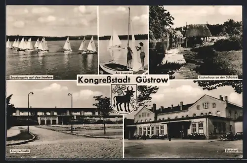 AK Güstrow, Bahnhof, Kongresshalle, Fischerhaus an der Schanze, Wappen, Segelboote