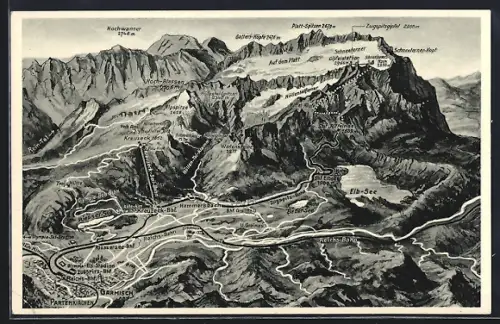 Künstler-AK Hammersbach / Garmisch, Panorama mit Hotel Badersee, Kreuzeck-Bahnhof und Elbsee, Hochwanner, Hochblassen
