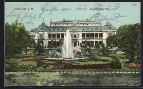 AK Frankfurt-Westend, Palmengarten mit Gebäude und Springbrunnen