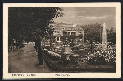 AK Frankfurt-Westend, Wegpartie im Palmengarten, Blick zur Fontäne