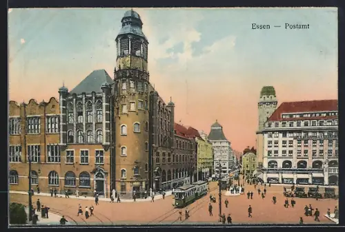 AK Essen / Ruhr, Blick in die Stadt mit Postamt und Strassenbahnen