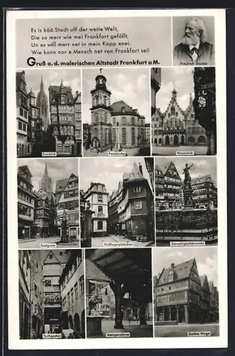 AK Alt-Frankfurt, Fünffingerplätzchen, Domblick, Paulskirche, Gerechtigkeitsbrunnen und Saalgasse