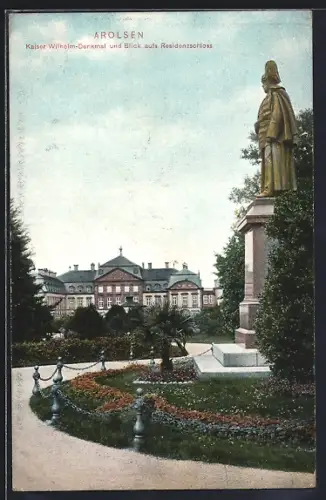 AK Arolsen, Kaiser Wilhelm-Denkmal, Blick aufs Residenzschloss