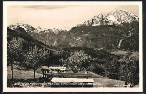 AK Berchtesgaden, Blick vom Gasthaus Hochlenzer auf Watzmann und Steinernes Meer