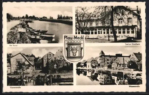 AK Plau /Meckl., Gasthaus Seelust-Waldheim, Partie am Kanal, Wasserstrasse und Wappen