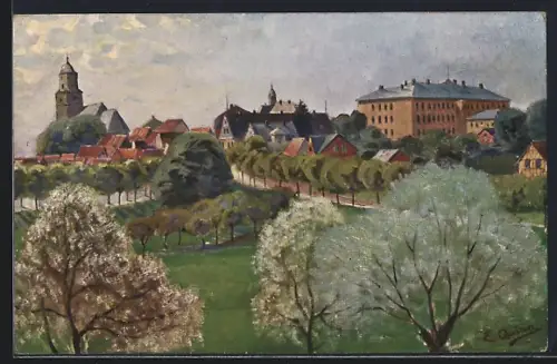 Künstler-AK Usingen / Taunus, Ortspanorama